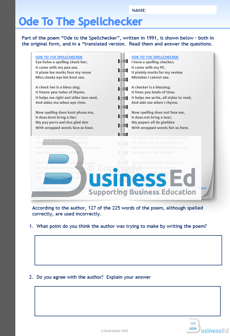 Ode to the Spellchecker Worksheet