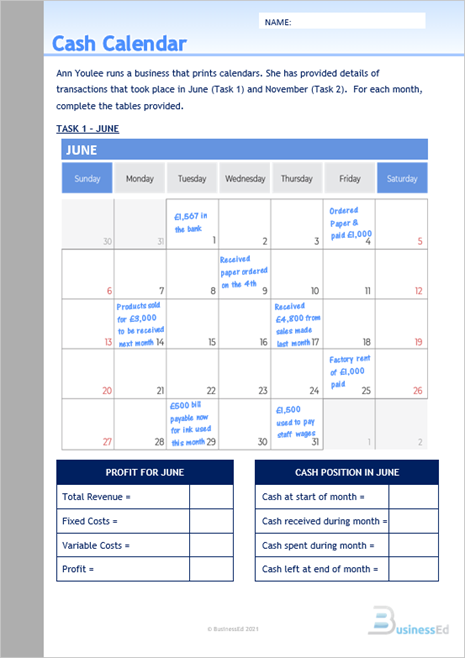 Cash Calendar Worksheet