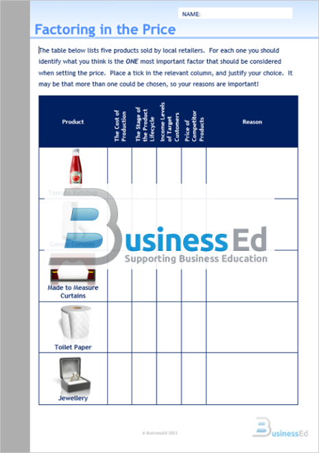 Factoring In the Price Worksheet