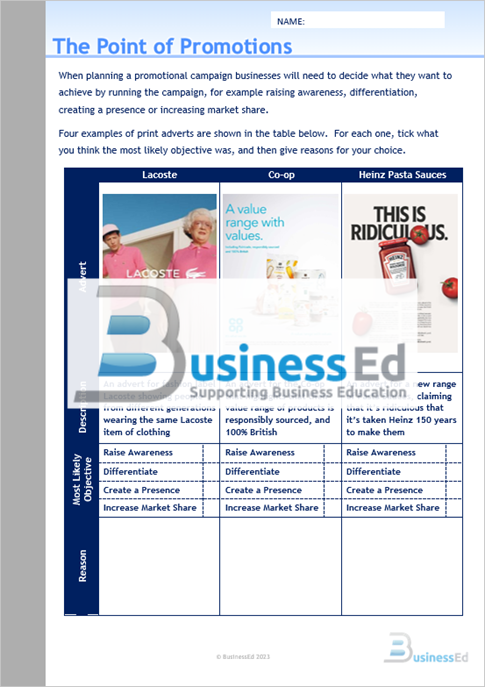 The Point of Promotions Worksheet