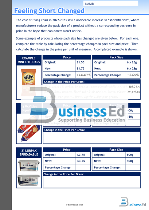 Feeling Short Changed Worksheet
