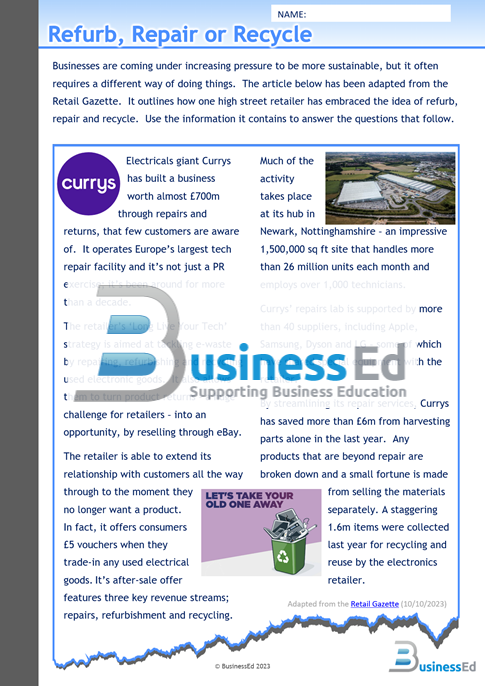 Refurb, Repair, Recycle Worksheet